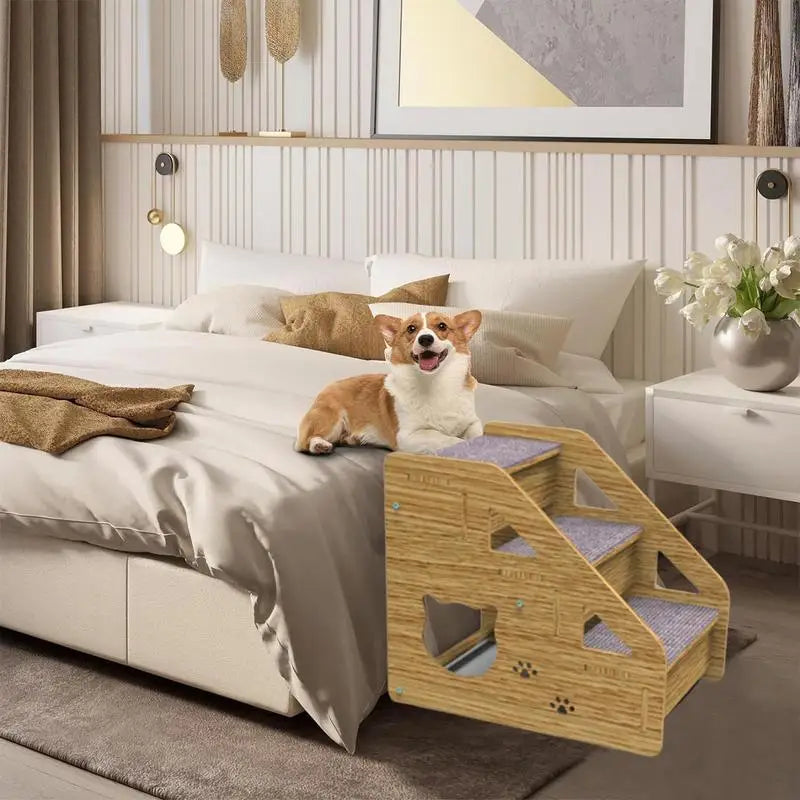 Escalier Premium en Bois à 3 Niveaux pour Chiens et Chats – Confort et Sécurité Ultimes